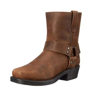 Afbeelding van Vintage cowboylaarzen met vierkante teen ritssluiting aan de zijkant voor heren, motorharnas leer, Donkerbruin