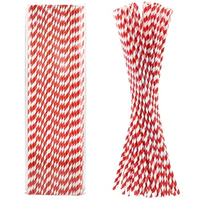 Afbeelding van 100 stuks extra lange papieren rietjes van 46 cm voor grote dranken, doe het zelf, handwerk, suikerspin, rode en witte strepen, 100% biologisch afbreekbaar