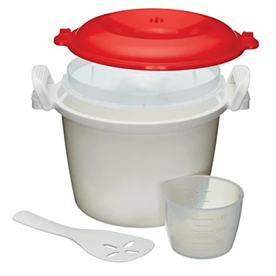 Afbeelding van KitchenCraft Magnetron Rijstkoker/Rijststomer, BPA Vrij Plastic, Wit/Rood, 1,5 Liter