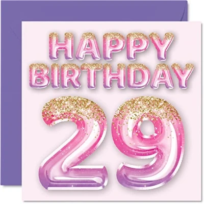 Afbeelding van Verjaardagskaart voor vrouwen, 29e verjaardag, roze en paarse glitterballonnen, verjaardagskaarten vrouwen 29 jaar, dochter, zus, tante, neef, 145 mm x mm, negenentwintig wenskaarten