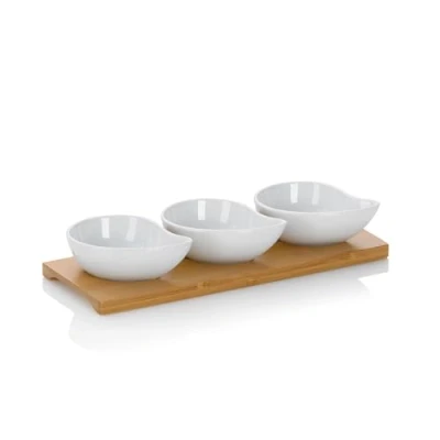 Afbeelding van Kela 12260 Voorgerechtenset, 3 kommaschalen van porselein, dienblad bamboe, 26 x 10 4,5 cm, Philipa&#039;, wit