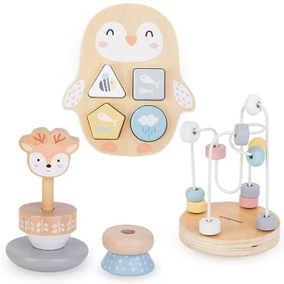 Afbeelding van Mamabrum Houten speelgoed voor baby&#039;s, 1 jaar, Montessori set met hertenpiramide (15 cm), pinguïn sorteerder, motorische gesp, sorteerbord, educatieve spellen (4 stuks)