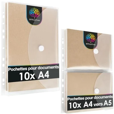 Afbeelding van OfficeTree 20 stuks documentenmappen met 160 perforaties, 10 A4 documentenmappen, A5 transparante hoezen klittenbandsluiting en archiefrand