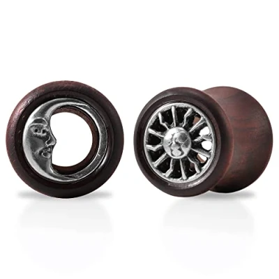 Afbeelding van KUBOOZ Tribal Sun &amp; Moon organische natuurlijke houten vleestunnels dubbel uitlopende plug stretch oorstretcher, Bruin