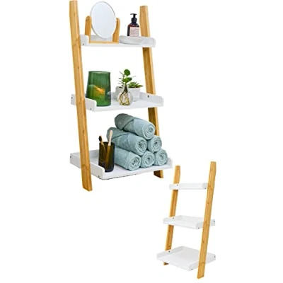 Afbeelding van Bamboe Ladderplank 45x90 Houten Ladder Wit Kleine Trapplank Badkamerschap Boekenkast