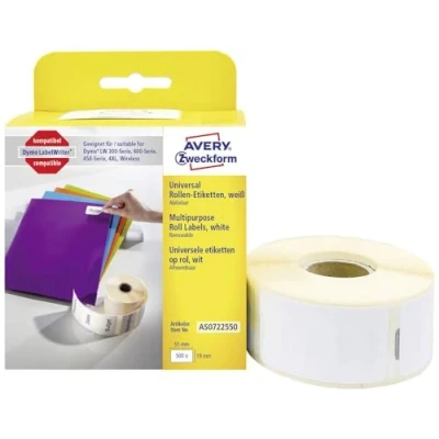 Afbeelding van Avery Zweckform Rol met etiketten Compatibel vervangt DYMO 11355, S0722550 19 x 51 mm Papier Wit 500 stuk(s) Weer verwijderbaar Universele AS0722550