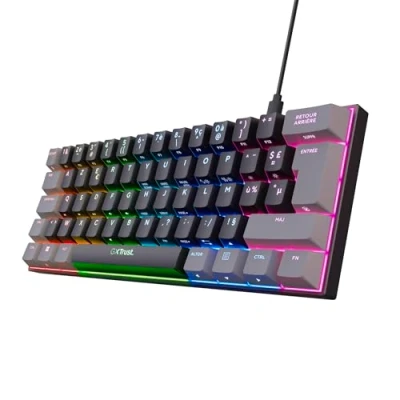 Afbeelding van Trust Gaming GXT 867 Acira 60% mechanisch toetsenbord, AZERTY, Frans, toetsen met dubbele functie, RGB verlichting, USB, compact, mini gamer, programmeerbaar, laptop, zwart/grijs