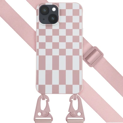 Afbeelding van Selencia hoesje Geschikt voor iPhone 14 met koord Siliconen design afneembaar Roze / Irregular Check Sand Pink