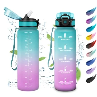 Afbeelding van sportwaterfles met tijdweergave, rietje, lekvrij, gemakkelijk te reinigen, voor fitness, fitnessstudio, wandelen