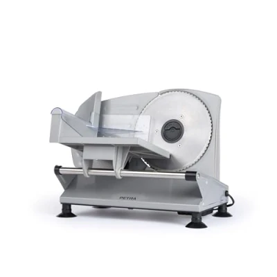 Afbeelding van Petra PT4636VDE Elektrische snijmachine voor levensmiddelen, keuken, vlees, kaas, brood, verstelbare dikte 1 15 mm, 3 x 170 roestvrijstalen messen, antislip zuignapvoeten