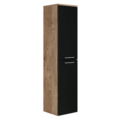 Afbeelding van Badplaats Badkamerkast Saturnus 35 x 130 cm Kastanje Eiken met Zwart Hangende Kolomkast Twee Deuren