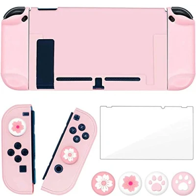 Afbeelding van OLDZHU roze hoes compatibel met NS Switch, ultradunne beschermhoes voor console en Joy con controller, glazen displaybescherming 4 handgrepen per inch (roze)