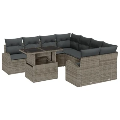 Afbeelding van vidaXL 9 delige Tuin Sofa Set met Kussens Grijs Poly Rattan, 2 zits Opslag &amp; Rattan