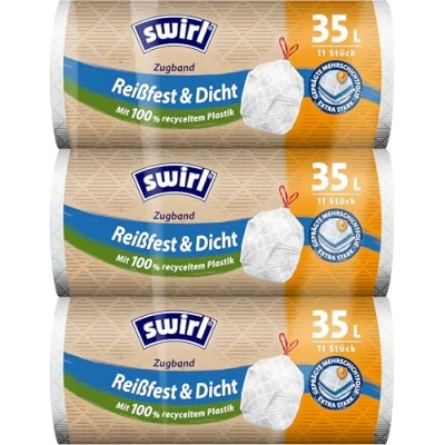 Afbeelding van Swirl Set van 3 scheurvaste en waterdichte vuilniszakken met trekkoord, 35 liter, multipack 33 vuilniszakken, extra sterk, druppelvrij