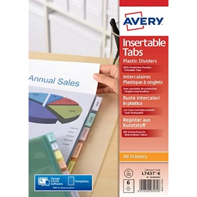 Afbeelding van AVERY Afdrukbare tabbladen met 6 toetsen, DIN A4+ (maakt het opbergen van geperforeerde hoezen mogelijk), transparant gekleurd polypropyleen