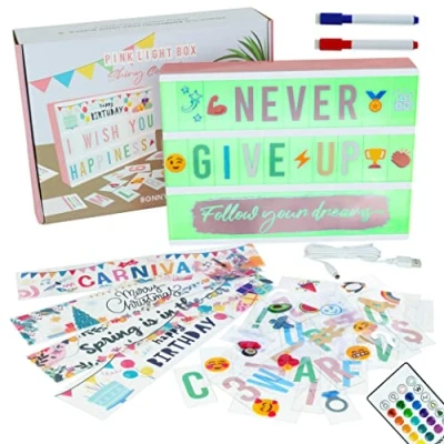 Afbeelding van Lichtdoos A4 roségoud 16 kleuren met 400 letters en emoji&#039;s, 10 premium kaarten, afstandsbediening, 2 markers BONNYCO inclusief lichtdoos, bericht, cadeau idee voor dames, decoratie slaapkamer