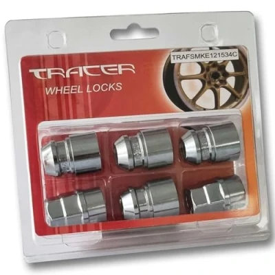 Afbeelding van TRACER Zwarte velgsluitmoeren M12 x 1,5 conisch 60 lengte 34 mm sleutelbreedte 19/21 met 2 sleutels compatibel Ford, Chrysler, Toyota, Hyundai, KIA, Honda, Mazda (verchroomd)