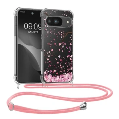 Afbeelding van kwmobile telefoonhoesje geschikt voor Google Pixel 9 / Pro Hoesje met telefoonkoord Back cover smartphone Case in poederroze donkerbruin transparant