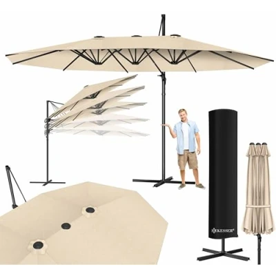 Afbeelding van KESSER® Dubbele parasol 4,6 m x 2,7 m, zweefparasolhoes en windbescherming met zwengel standaard, zwengelparasol van aluminium, waterdicht, kantelbaar 360 draaibaar, Beige#a