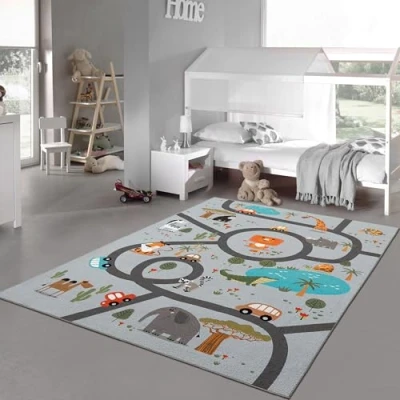 Afbeelding van Teppich Traum Kindertapijt, kinderkamer, wasbaar, antislip, speelmat, safari, straten, auto&#039;s, dieren, grijs, 160 x 220 cm