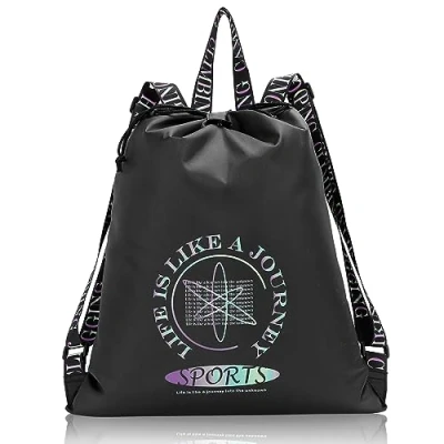 Afbeelding van AiQInu Sporttassen met trekkoord, waterdichte rugzak, brede en verstelbare bandjes, voor heren dames, sporttas reizen, camping, fitnessstudio, zwemmen, strand, zwembad, zwart, casual, zwart.,