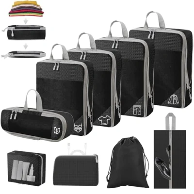 Afbeelding van 9 stuks waterdichte compressiekubussen voor koffer, handbagage, koffers en rugzak, zwart