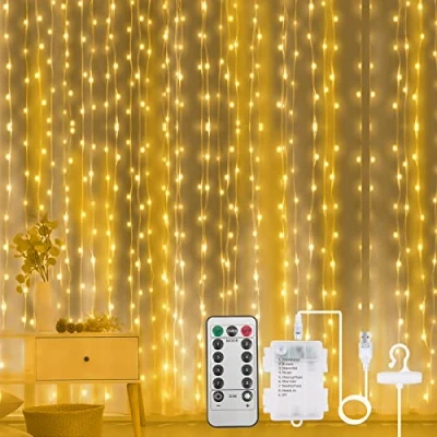 Afbeelding van AOMIG Gordijn lichtsnoer, 2 in 1 lichtgordijn, 300 leds, 3 m x m, USB + batterijvoeding, lage spanning, 5 V, 8 verlichtingsmodi, waterdicht, IP67, voor buiten en binnen, decoratie festival