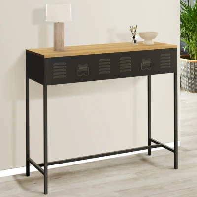 Image de Console 1 tiroir ESTER métal noir plateau bois design industriel