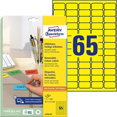 Afbeelding van Etiket Avery ZweckformL4793 20 38.1x21.2mm geel 1300stuks