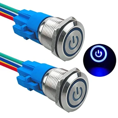 Afbeelding van Aiqeer 2 stuks 19 mm drukknopschakelaar, zelfblokkerend, 12 V/24 V, 5 A, drukknopschakelaar van roestvrij staal, waterdicht IP67, met voorbedrade stekker (blauwe led)