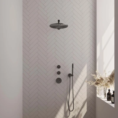 Afbeelding van Brauer Gunmetal Edition Regendoucheset inbouw hoofddouche 30cm 3 gladde knoppen rechte wandarm handdouche staaf 1 stand PVD geborsteld