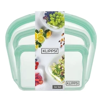 Afbeelding van KLIPPSI® Set van 3 herbruikbare diepvrieszakken siliconen, scheurvast, hitte en koudebestendig, lekvrij, vaatwasmachinebestendig (groen)