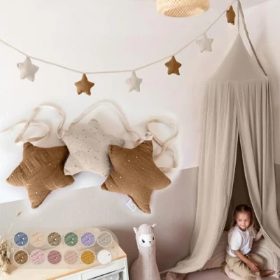 Afbeelding van lilimaus Guirlande de fanions étoiles en tissu pour chambre d&#039;enfant 100 % coton fait à la main mousseline Décoration lit maison fille