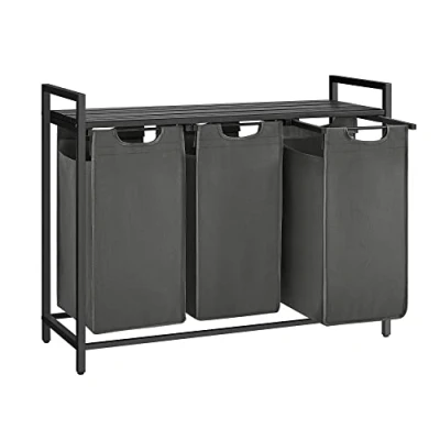 Afbeelding van VASAGLE wasmand, vuile 3 vakken, afneembare zakken van Oxford stof, plank, metalen frame, x 38 l, 92,5 33 72 cm, zwart en grijs, BLH301G01