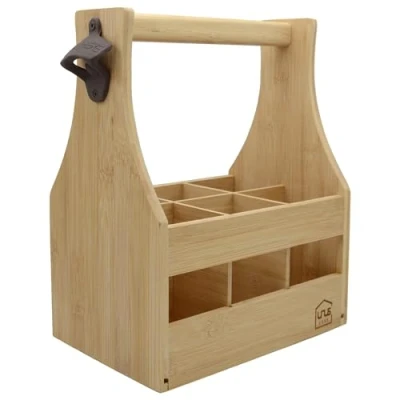Afbeelding van UNUS® Flessendrager bamboehout 6 flessen bierdrager met flesopener