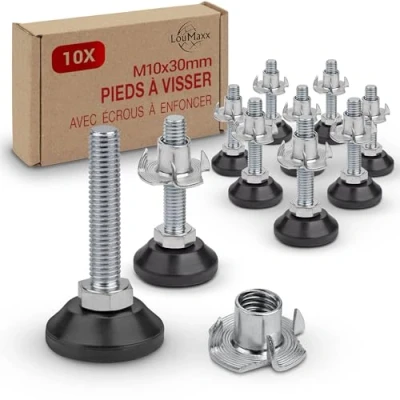 Afbeelding van LouMaxx Stelschroef M10 x 30 mm, verstelbare poten met inslagmoer, nivelleringsvoeten, machinevoet M10, instelvoet stelschroeven, 10 stuks stelschroeven