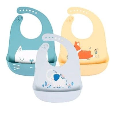 Afbeelding van YINGJEE 3 pack babyslabbetjes Waterdichte siliconen slabbetjes voor baby&#039;s en peuters Unisex Superzacht, hoogwaardig lichtgewicht Voedingszak Reisslabbetjes met veiligheidsslot