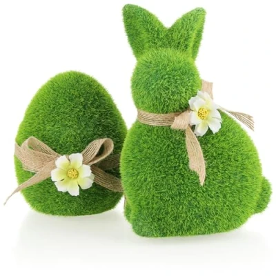 Afbeelding van COM FOUR® 2 x decoratief figuur paashaas en paasei van keramiek met strikken bloemen konijn ei bedekt kunstgras (2 stuks + 17 11 cm)