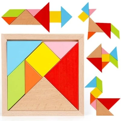 Afbeelding van NIWWIN Houten tangram, puzzelspel, bouwsteenspeelgoed, reisspel, mentale oefening, IQ boek met oplossingen, educatief speelgoed voor kinderen, 3, 4, 5, 6 jaar.