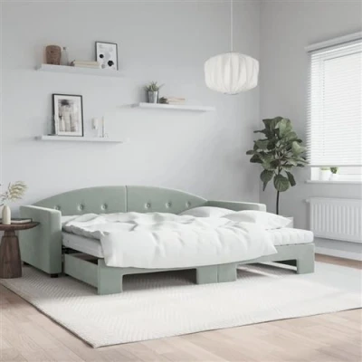 Afbeelding van vidaXL Slaapbank onderschuifbed matrassen 90x200 cm fluweel lichtgrijs