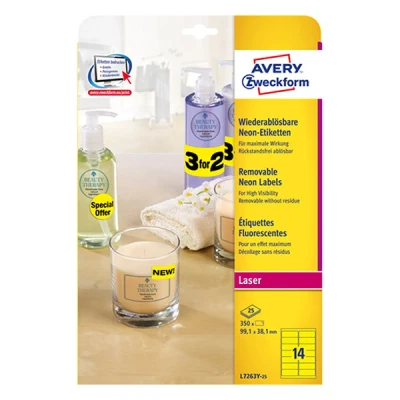 Image de Avery L7263Y 25 étiquettes fluorescentes A4 99,1 x 38,1 mm (350 étiquettes) jaune