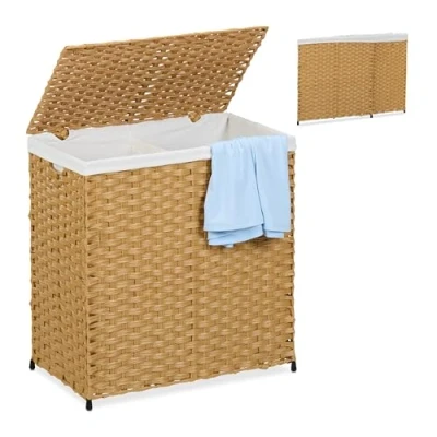 Afbeelding van Relaxdays wasmand met 2 vakken 110 liter rotanlook binnenzak bruin beige
