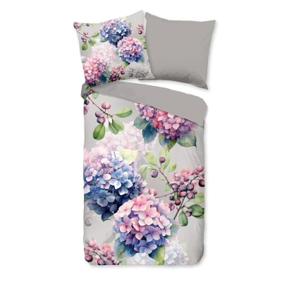 Afbeelding van Dekbedovertrek 135x200 cm Hortensia Bloemen Print Grijs 1 Persoons 100% Katoen Oeko Tex Gecertificeerd