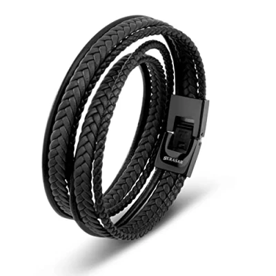 Afbeelding van SERASAR Hoogwaardige leren herenarmband, zwart en bruin, verschillende lengtes, roestvrijstalen sluiting, inclusief sieradendoosje, geweldig cadeau idee, Leer, Geen edelsteen
