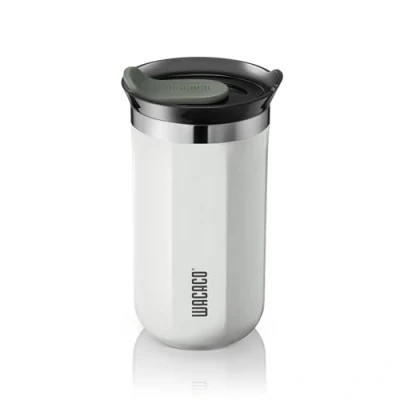 Afbeelding van WACACO Octaroma Lungo koffiemok, dubbelwandig, geïsoleerd, roestvrij staal, koffiemok met drinkdeksel, 300 ml, wit keramiek