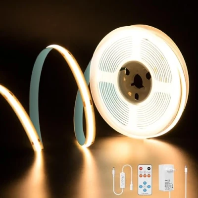 Afbeelding van PAUTIX COB led stripset, 2700 K, warmwit, 5 m, dimbaar, 24 V, 2400 leds, CRI93 ledstrip, met timerfunctie, afstandsbediening RF en GS voeding voor lichtdecoratie