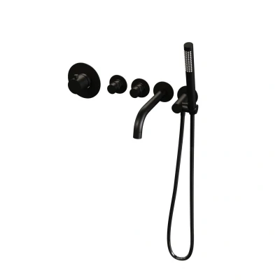 Afbeelding van Brauer Black Edition Badkraan Inbouw douchegarnituur 20cm uitloop inbouwdeel 3 gladde knoppen handdouche staaf 1 stand mat zwart