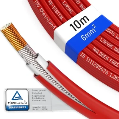 Afbeelding van hb digital zonnekabel 10 m 6 mm² voor zonnepanelen zuiver koper enkele kabel flexibel speciale dubbellaagse isolatie 1500V rood