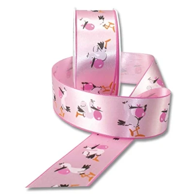 Afbeelding van cadeau lint Adebar / Roze Ooievaar die het babymeisje brengt rol 20m x 4 cm