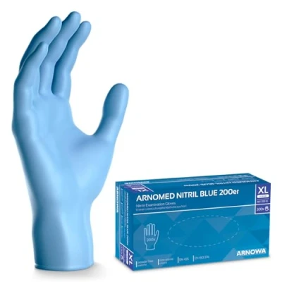Afbeelding van ARNOMED Blauwe wegwerphandschoenen, 200 stuks/doos, nitril handschoenen, maat XL, poedervrij en latexvrij, verkrijgbaar in de maten S, M, L XL